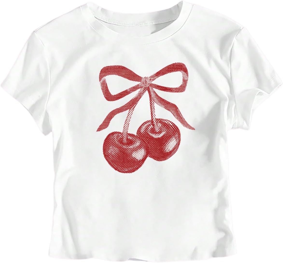 SweatyRocks Girl's Y2k Bow Cherry Graphic Tees Short Sleeve Crewneck Cute Shirts for Teens Summer Tops