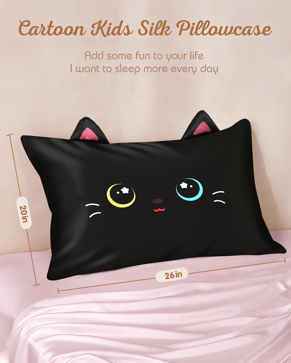 Kids Pillowcases Standard Size 20"x26" - Cute Cartoon Soft Breathable Silk Pillow Cases for Hair and Skin with Hidden Zipper for Women Fun Kawaii Design for Bedding, Black Cat - Image 3