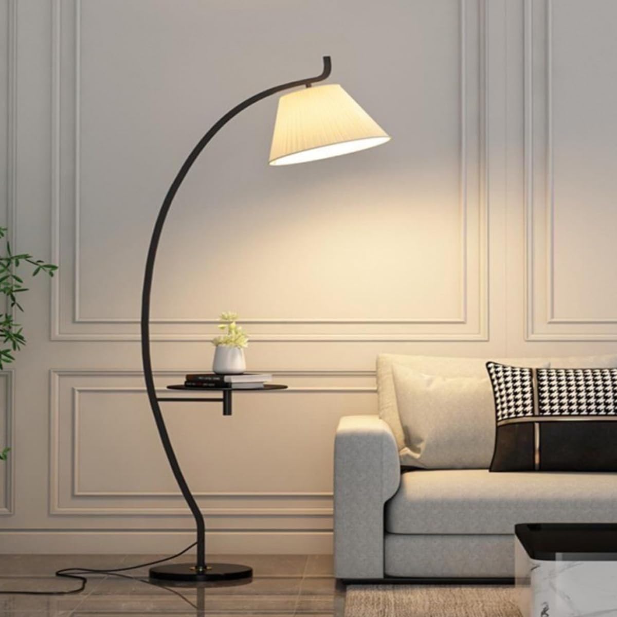 HGJHJJHK Arc Floor Lamp Nordic Wood Grain Tall Light Handmade Fabric Vertical Lamp with Marble Base Indoor Decoration Pole Lights Creative Standing Lamps with Tray for Living Room Tea Room