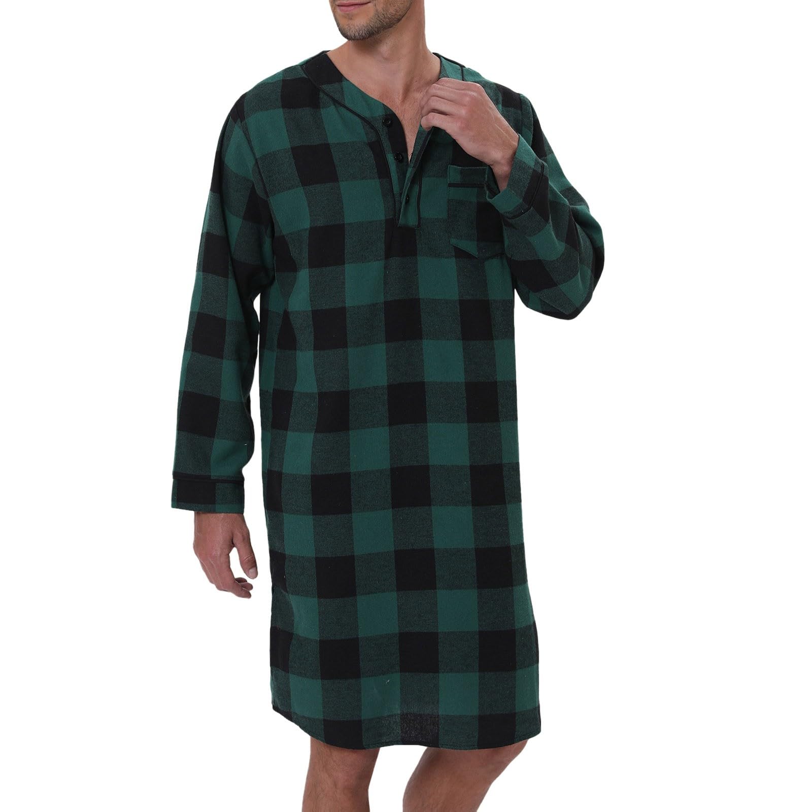 Flanell Nachthemd Herren Casual Langarm Knopf Shirt Unregelmäßiger Saum Kariertes Weiche Loungewear Baumwolle Lange Robe Saunamantel Atmungsaktiv Leichte Nachthemd