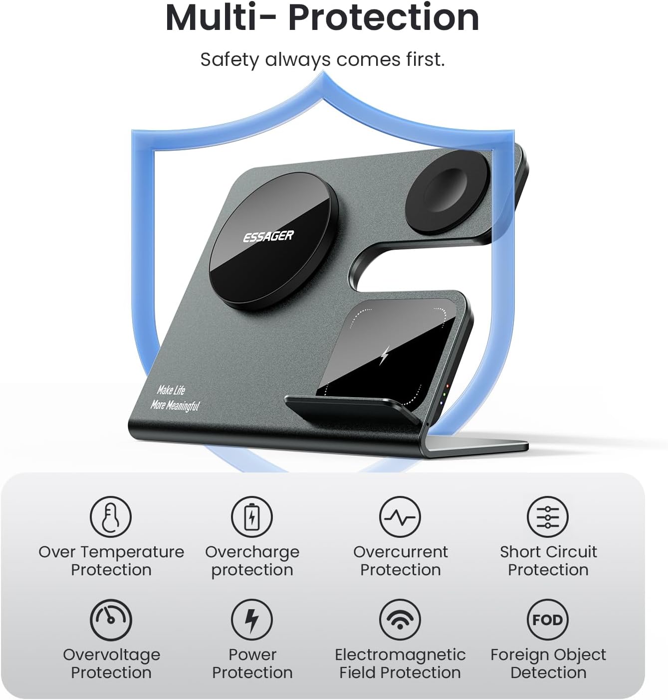 3 in 1 Aluminum Alloy Magnetic Wireless Charging Station Compatible with iPhone 16/15/14/13/12 Series, ESSAGER 15W Wireless Charger Office Bedroom Table for Airpods 4/3/2/Pro, iWatch with 20W Adapter
