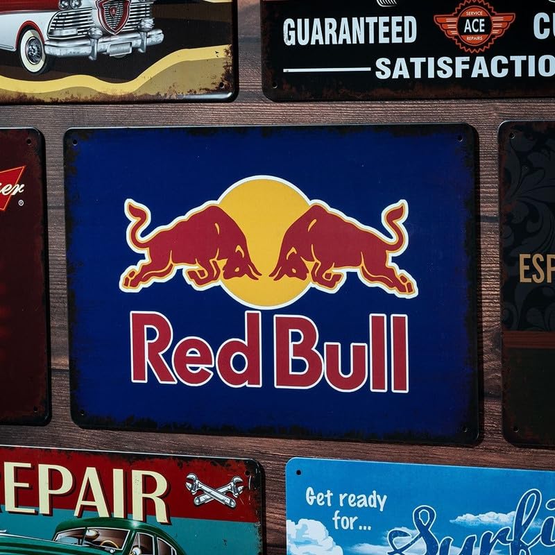 Image of Eazywagon Decorative Retro Metal Signs Wall Plate - 12x8 Inch (Red Bull) | Weatherproof Vintage Metal Sign Plate for Cafe, Home, Bar, Garage | Decorative Wall Hanging Sign Board