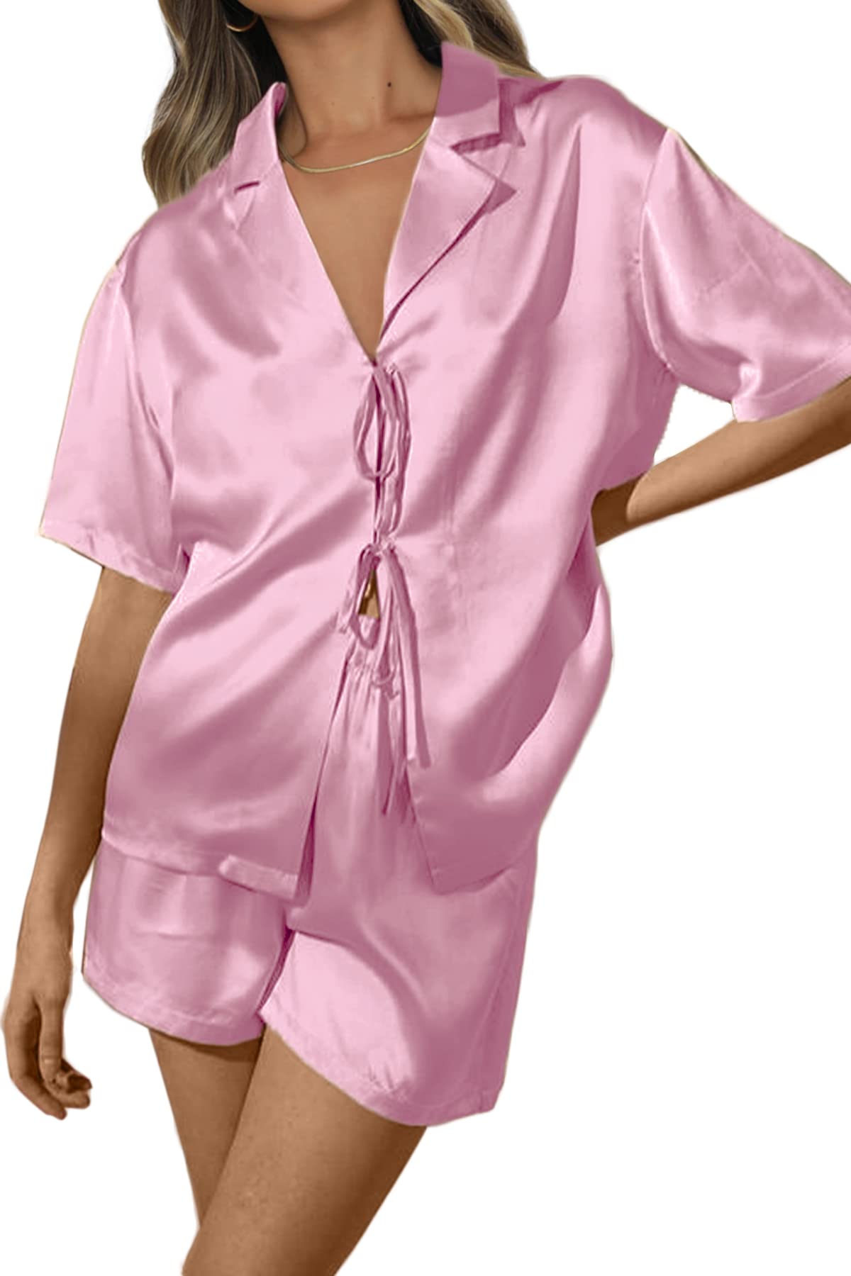 CHYRII Women's Silk Satin Pajamas Sets Tie Front Short Sleeve Tops and Shorts Two Piece Pj Sets Sleepwear