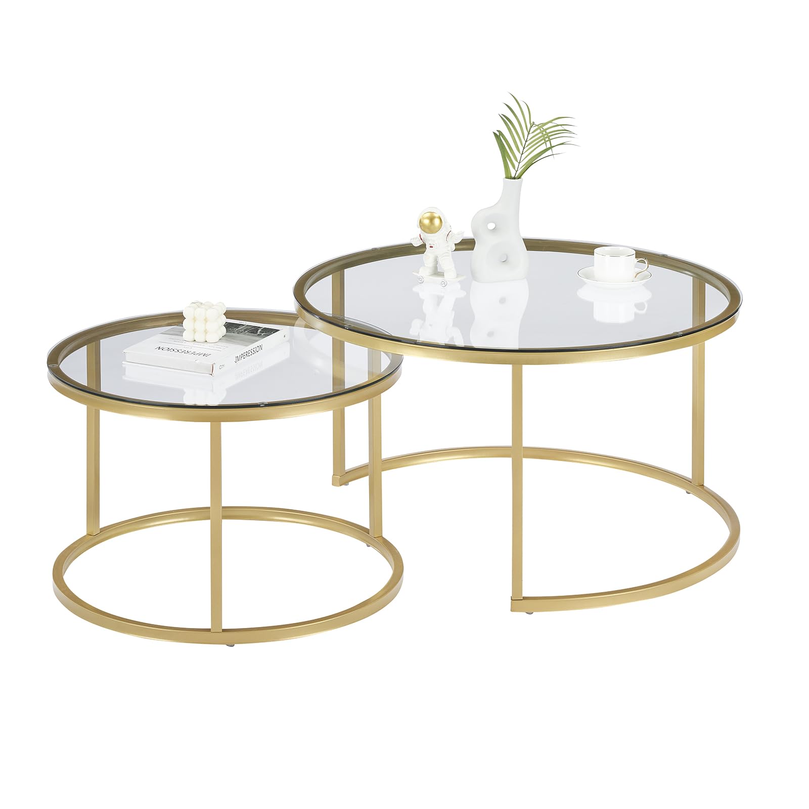 Mesas de centro doradas, mesa de café de cristal con estructura metálica dorada, juego de 2 unidades, mesa de salón redonda, mesa de salón, mesa para el sofá, 80 x 80 x 45 y 60 x 60 x 35 cm
