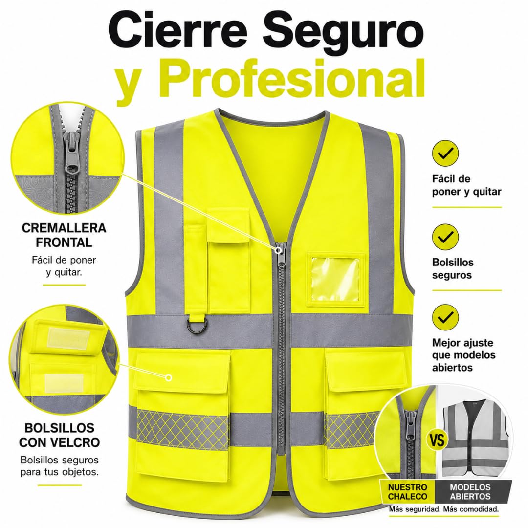 Chaleco Reflectante con Bolsillos y Cremallera Pack 2 Unidades | Chaleco Reflectante Homologado DGT Alta Visibilidad ISO 20471 | Chaleco Seguridad Trabajo Coche Moto Bicicleta Talla L Universal