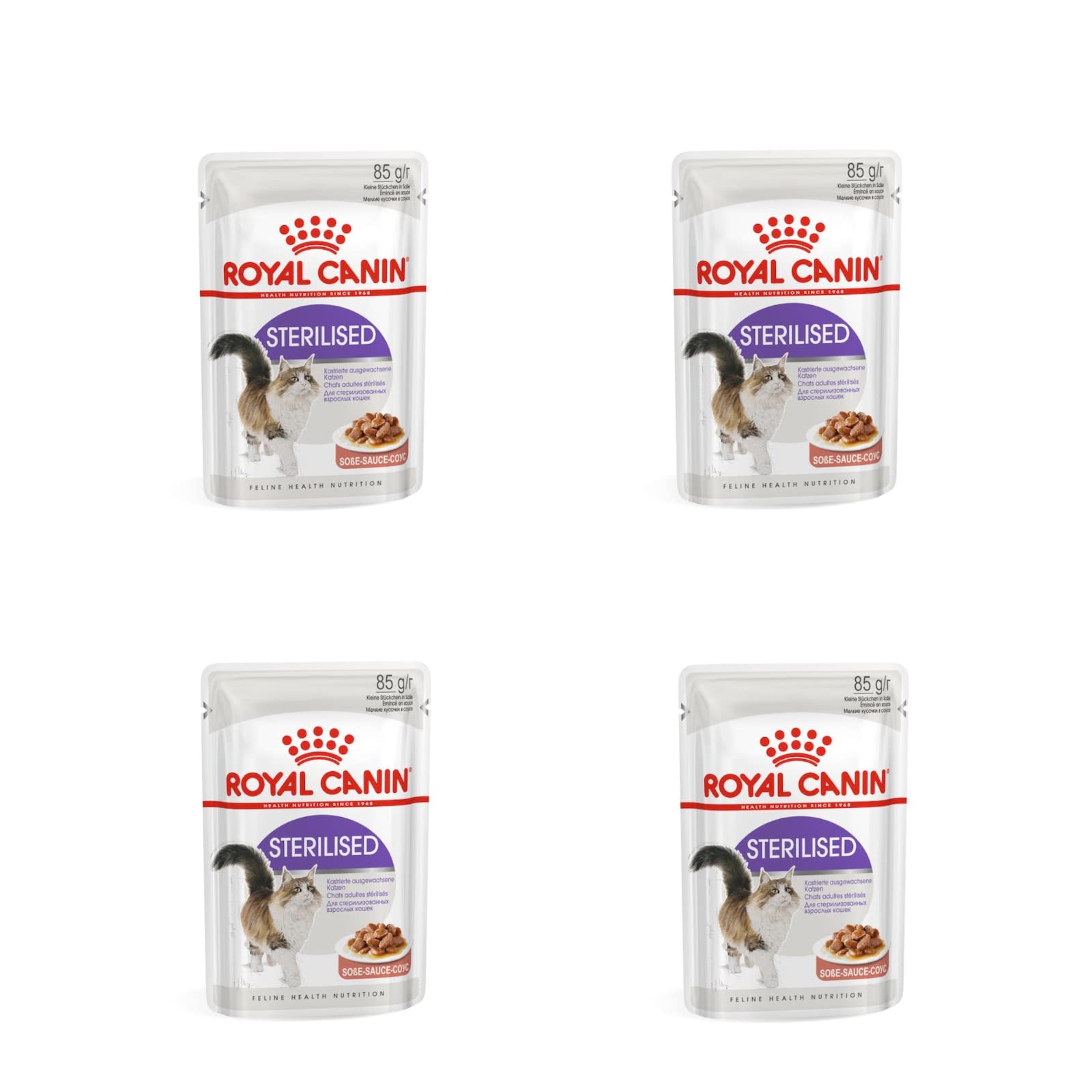 Royal Canin Feline Sterilised | Paquete de 4 | 4 x 12 x 85g | Alimento Completo para Gatos Adultos esterilizados | Trocitos en gelatina | A Partir del 12º Mes
