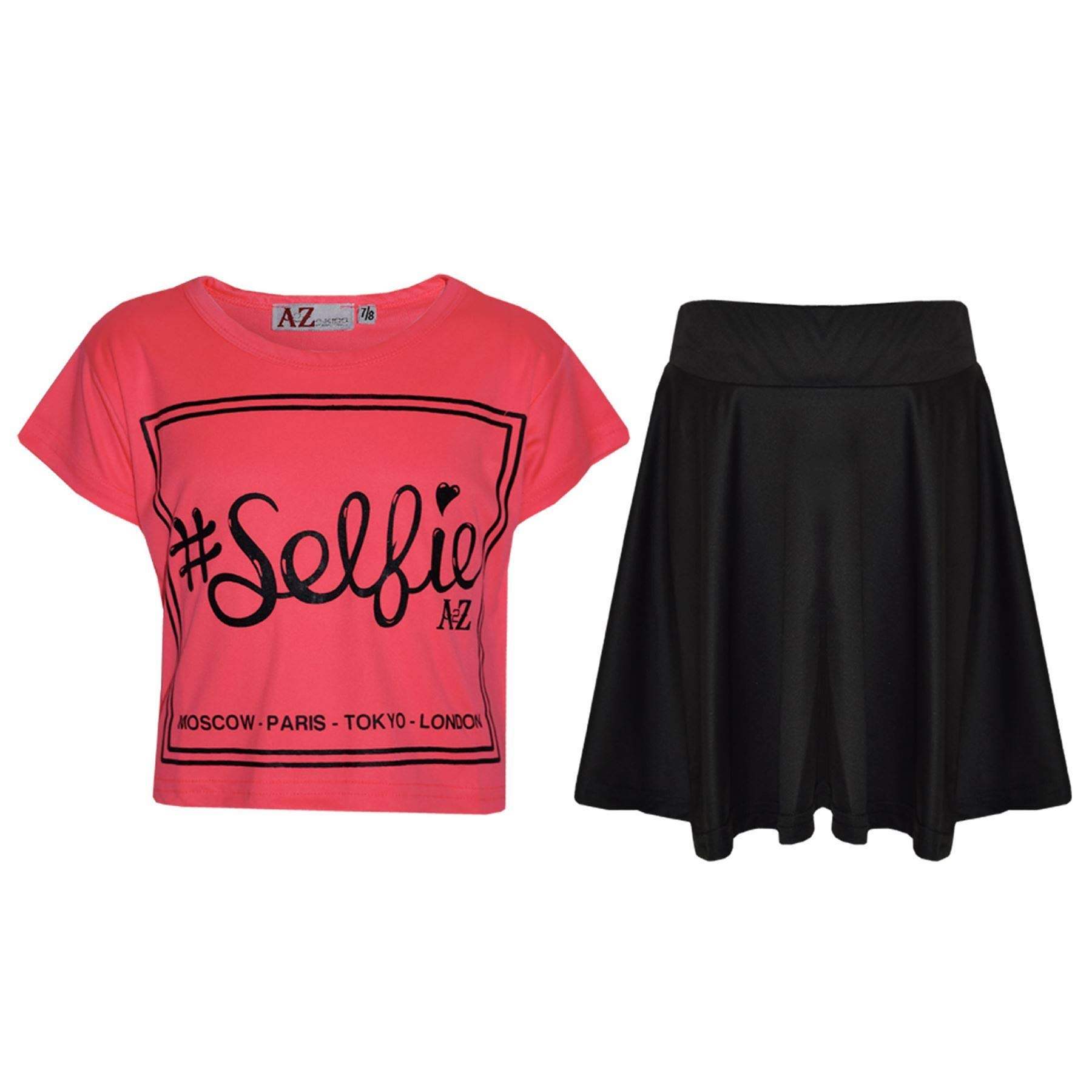 A2z 4 Kids Girls Neon Pink Top Kids Selfie - New Crop Top #Selfie Skirt N. Pink 11-12