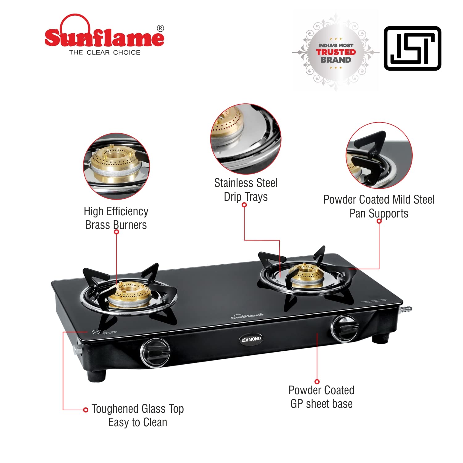 sunflame diamond glass top 2 burner gas stove