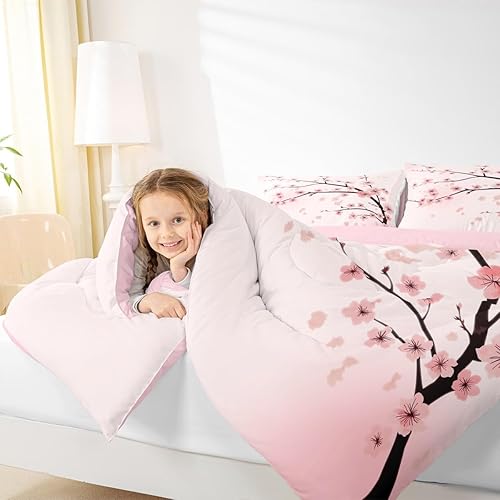 Miniatura 5 de Erosebridal Juego de ropa de cama con diseño de flores de cerezo, juego de edredón de flores de estilo japonés, tamaño individual para niños, niñas,