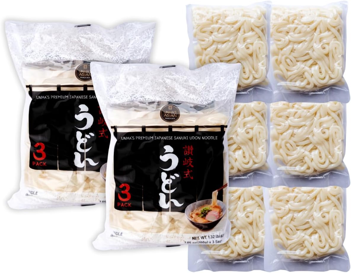 Unha’s Japanese Sanuki Fresh Udon Noodles, Jumbo Chewy Noodles, No Soup Included, Quick and Easy, 22 oz (200g × 3 Packs) Pack of 2