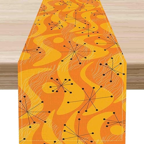 70s Table Runner, Retro Orange Wave Mid Century Atomic Print Abstract Hippie Coffee Table Center Decor for Home Kitchen Dining Patio Holiday Party