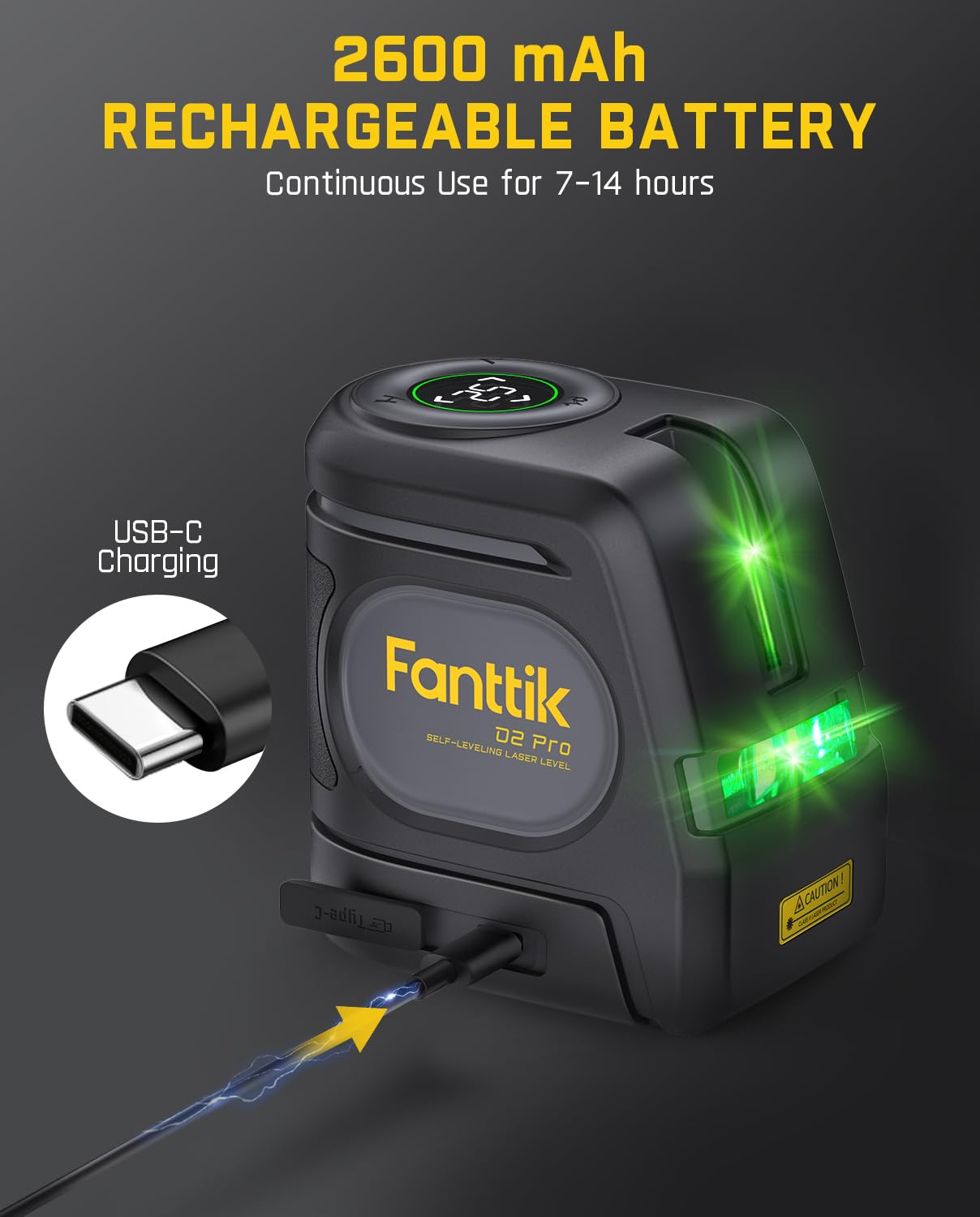 Niveau laser Fanttik D2 PRO, niveau laser autonivelant avec écran LED, ligne verte en croix extérieure de 61 m, faisceau vertical à 130°, batterie rechargeable de 2 600 mAh, base magnétique à 360°