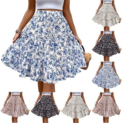 Mini Skirts for Women Boho Pleated Ruffle Floral Skirt Flowy Summer Short Skirt Tir Front Elastic Beach A Line Skirts