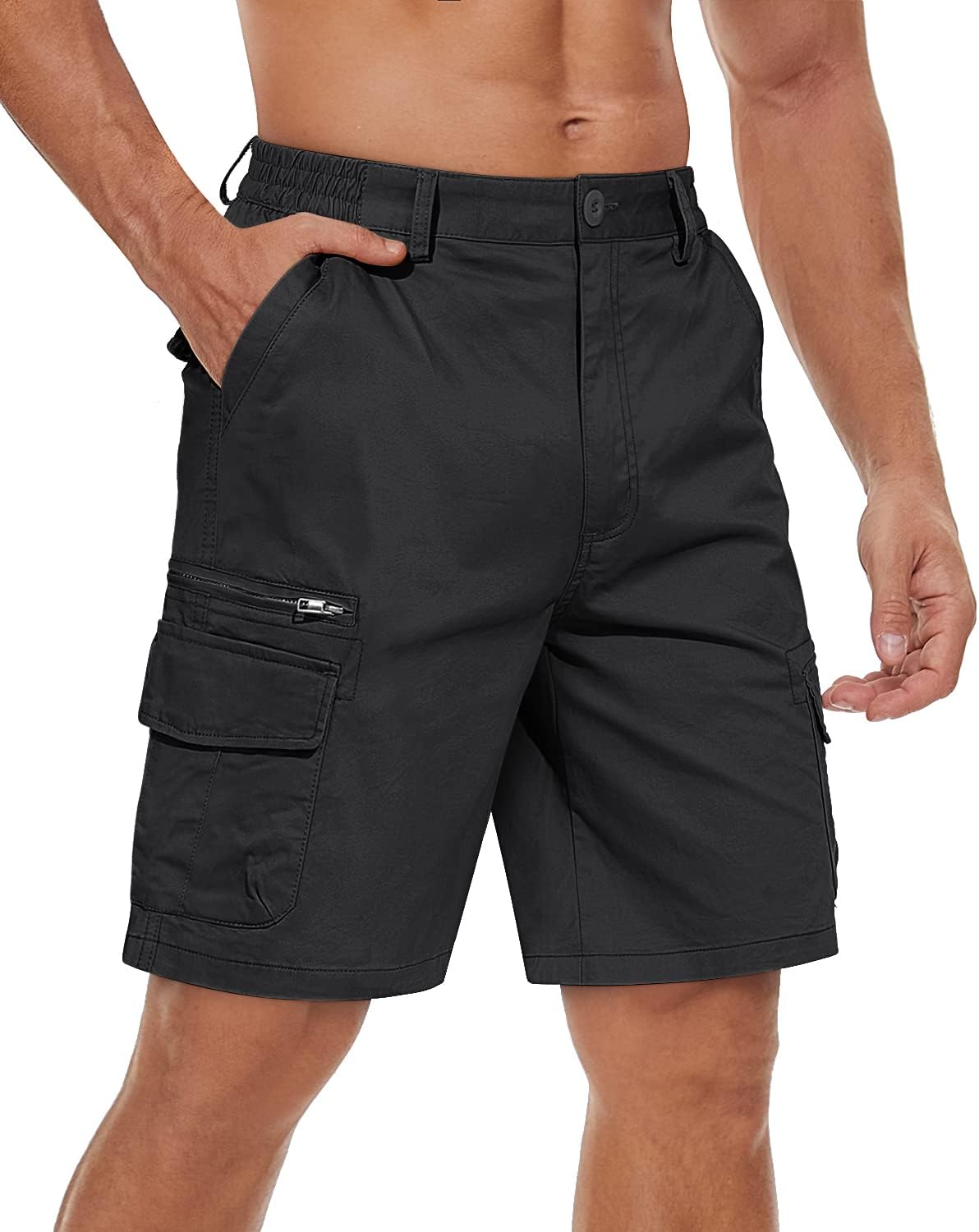 TACVASEN Men's Cargo Short 7 Pockets Comfortable Cotton Elastic Waist Causal Work Shorts