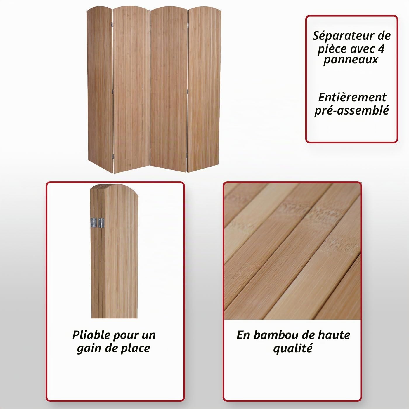 Paravent en Bambou HWC-O30 170 x 162 cm