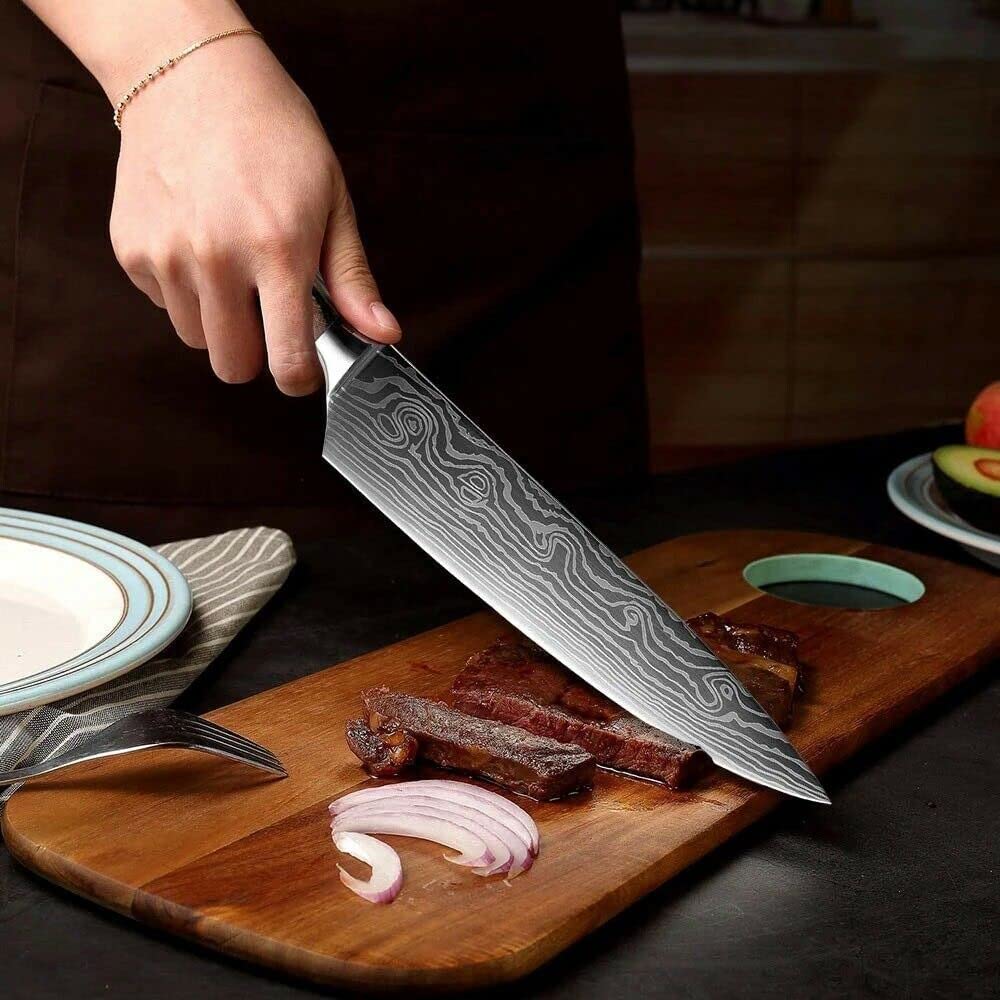 Juego de Cuchillos de Chef ZENG de 5 Piezas, Cuchillos de Cocina Alemanes Afilados Profesionales de AceroInoxidable con Mangos Ergonómicos de Madera de Pakka