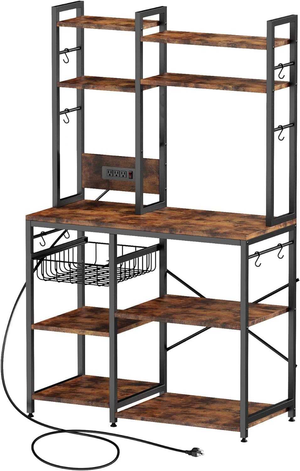 Kitchenshelf Baker’sRack CoffeeBar - , 6-Tier Microwave Stand with Power Outlet, , Coffee Bar with 12 S-Shaped Hooks, Adjustable Feet Pads&150lbs CapacityKitchen Shelf with Wire Basket, Rustic Brown