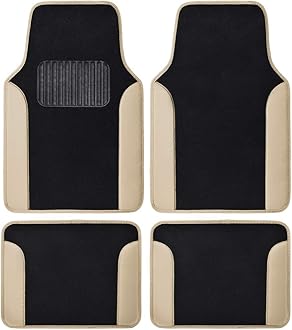 BDK Two-Tone Carpet Car Floor Mats with Faux Leather Accents, Automotive Floor Mat Set with Built-in Heel Pad, Stylish Interior Car Accessories (Beige)