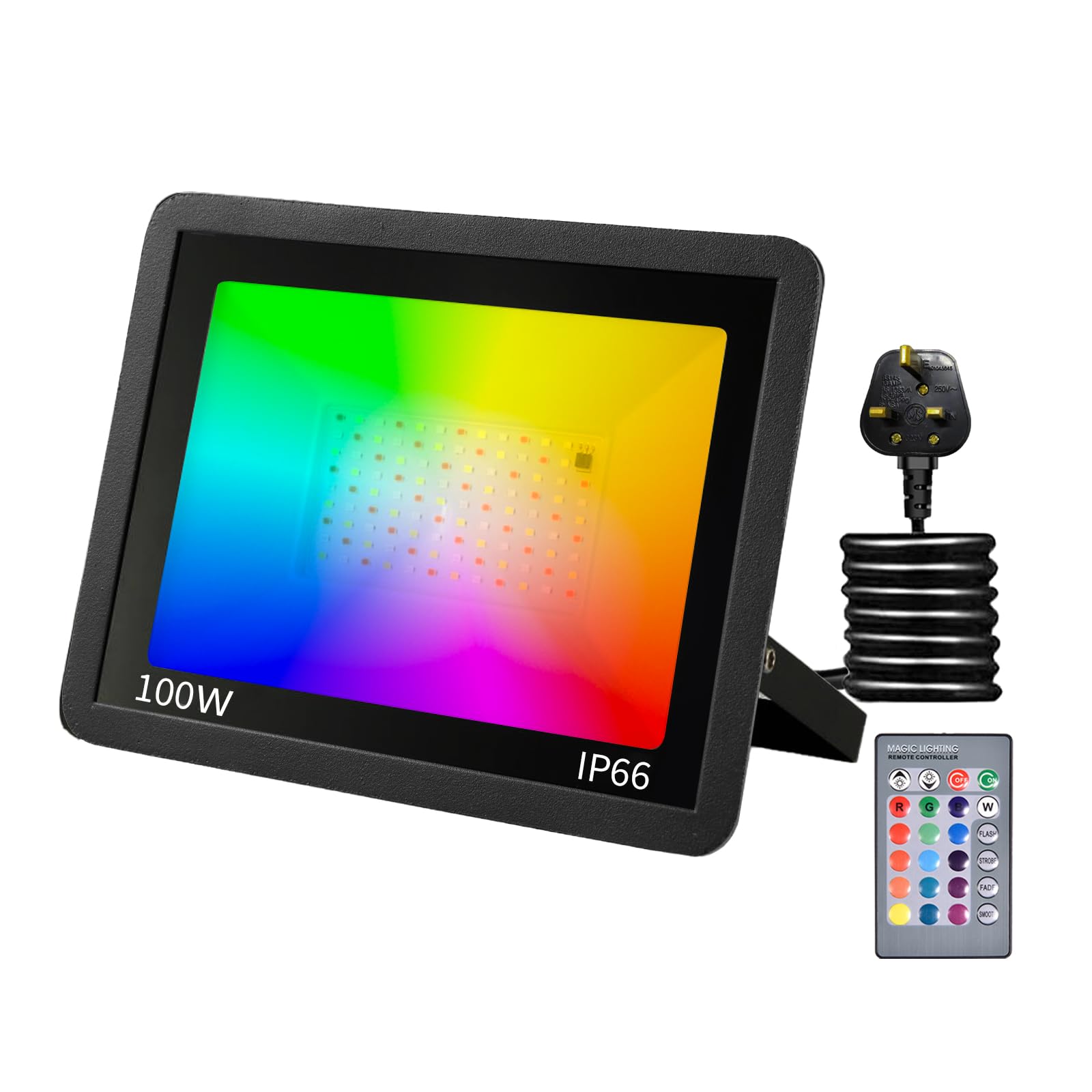 Phlbao 100W LED Floodlight Outdoor, 220V Colour Changing Flood Lights with Remote Control, 12 RGB Colours, Timing, 4 Modes, IP66 Waterproof