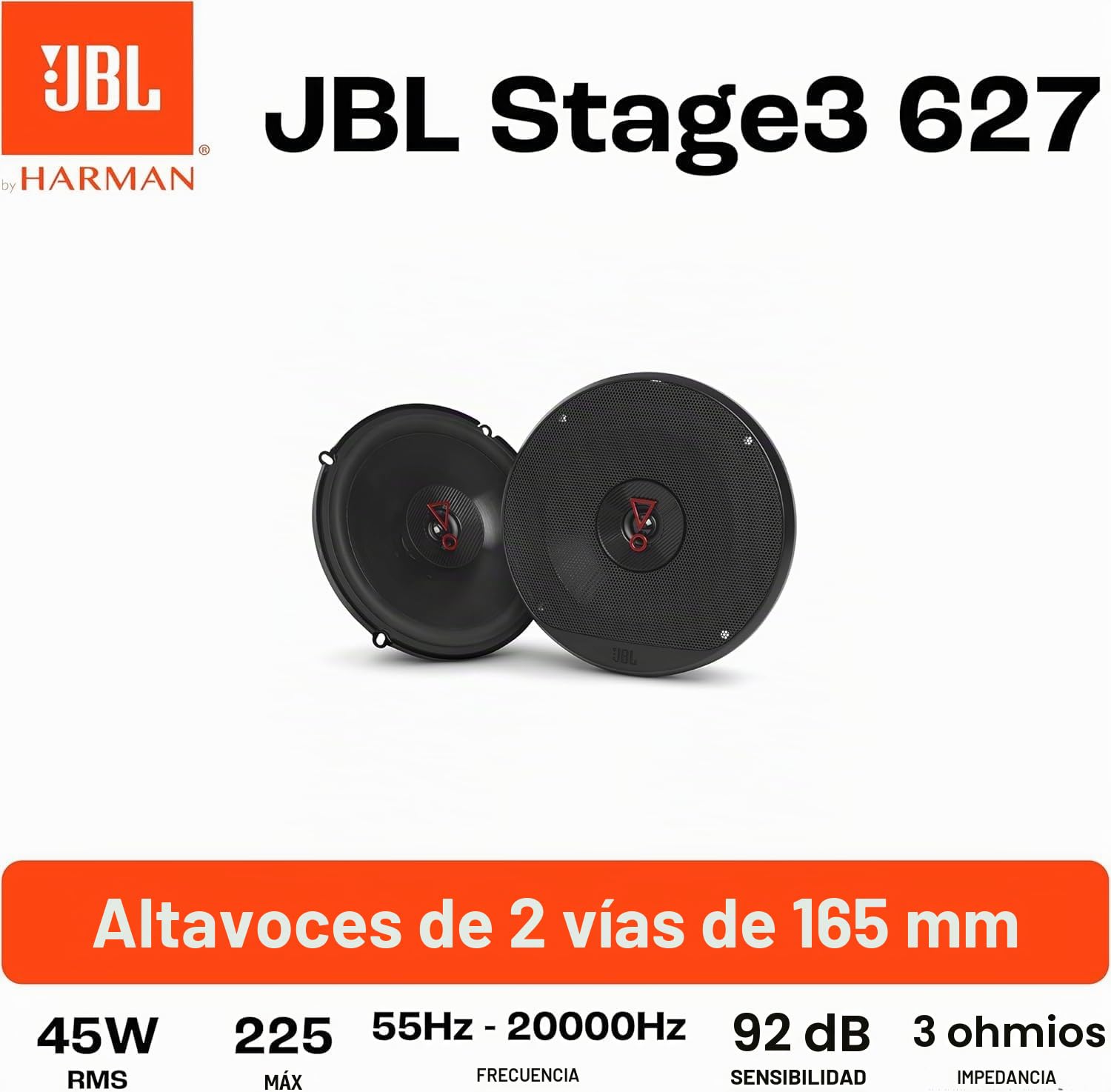 JBL Stage3 627 Juego de altavoces coche de 2 vías de Harman Kardon - 225 vatios JBL echo auto 16 - 17 cm