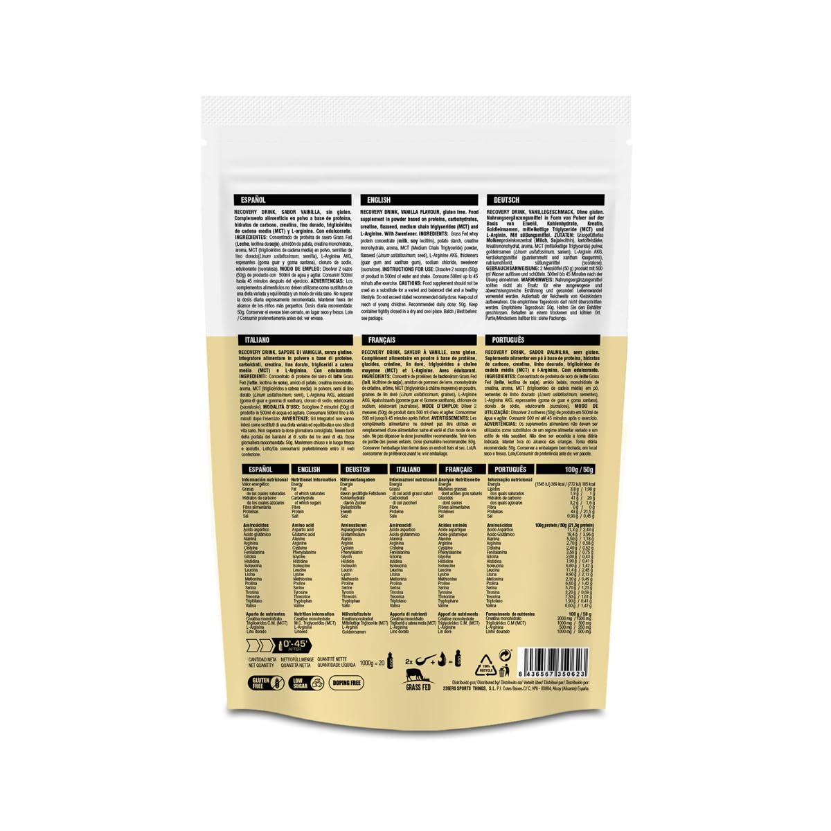 226ERS Recovery Drink | Recuperador Muscular con Proteína Whey, Creatina, Hidratos, Triglicéridos y L-Arginina, Sin Gluten, Vainilla - 1 kg