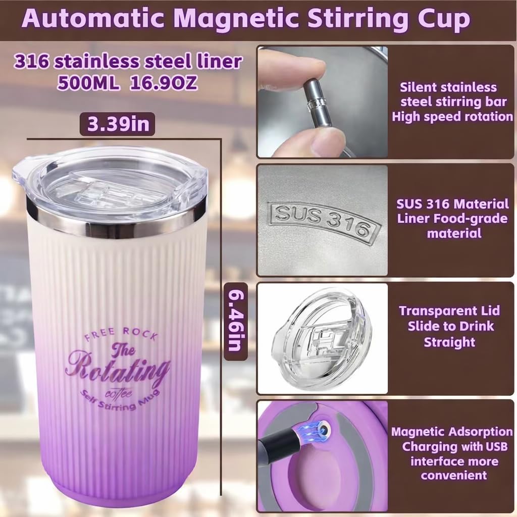 Self Stirring Coffee Mug, 16.9oz / 500ml Magnetic Stirring Cup,Auto Mixing Mug with Slide Lid