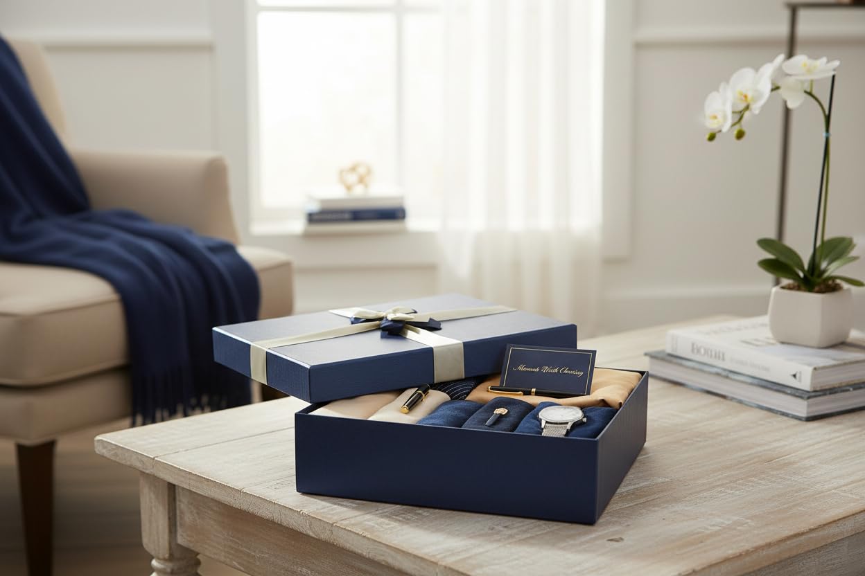 Emartbuy Set Von 3 Geschenkbox, Blaue Box Mit Deckel Und Cremefarbenes Satinband