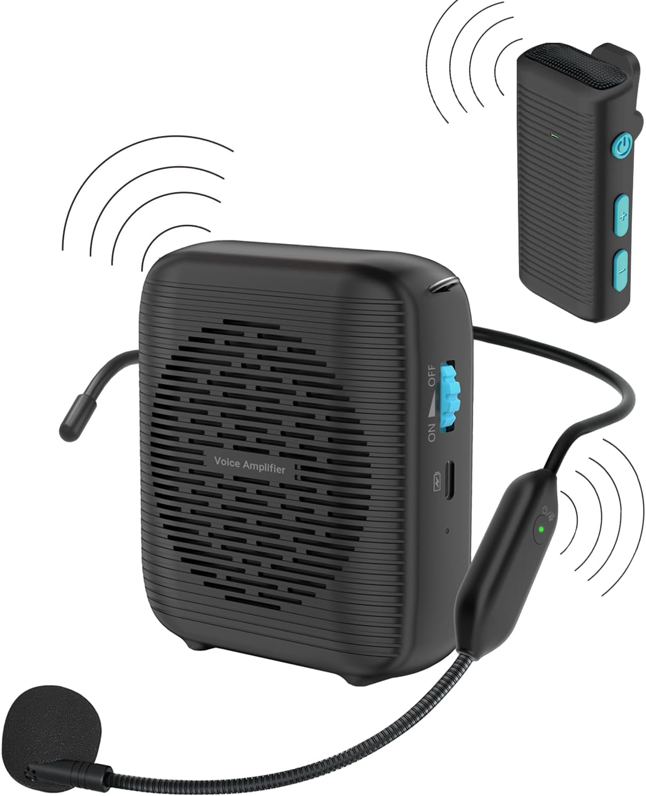 Wireless Voice Amplifier with 2 Wireless Microphones (1 Lavalier Microphone and 1 Microphone Headset), Bluetooth Original Sound, Ultra Portable Microphone and Speaker, Personal PA System for