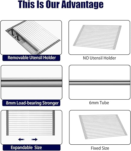 Miniatura 5 de Escurridor de platos enrollable, escurridor de platos extensible sobre el fregadero, estante de cocina de acero inoxidable con soporte para