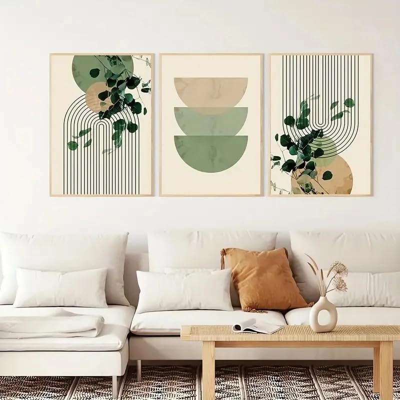 Lienzos de plantas verdes bohemias y hojas de eucalipto en formato tríptico de 60x90cm