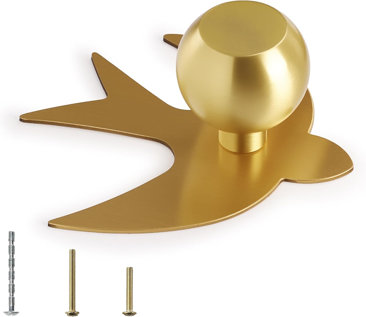4-Pack Solid Brass Gold Cabinet Knobs, Modern Bird Swallow Dresser Handles for Brushed Brass Kitchen Pulls and Vanity Cabinet Hardware with Base Backplate
