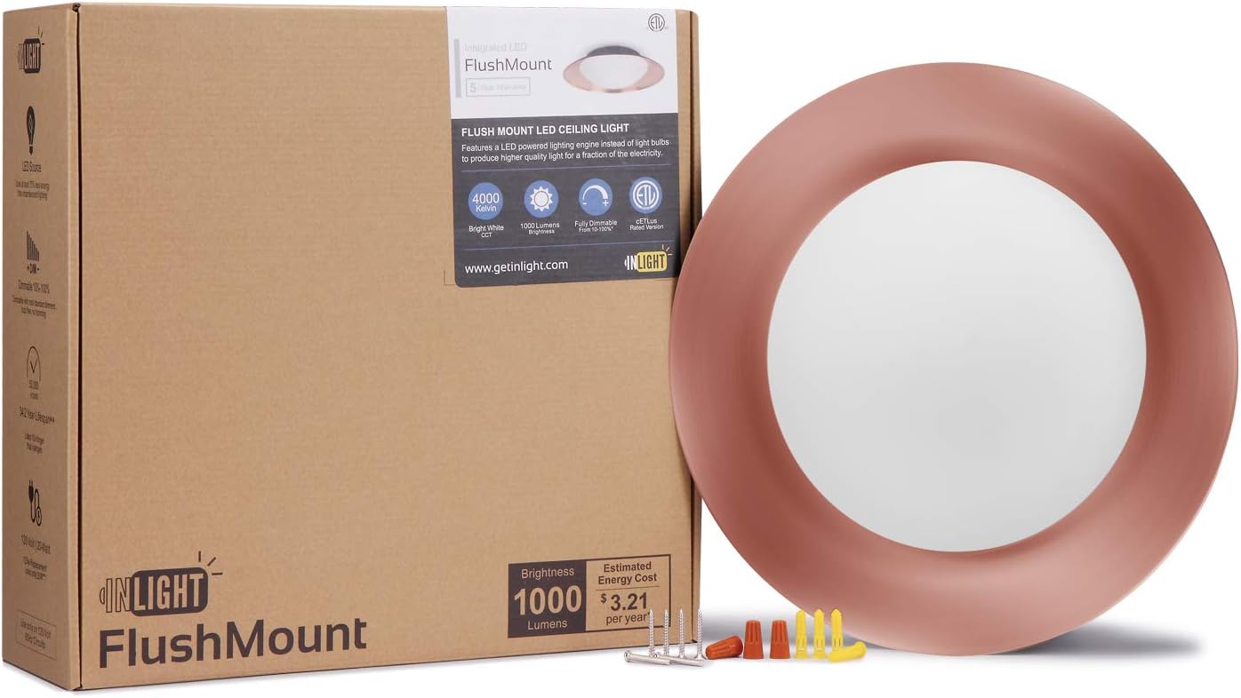 GetInLight LED Surface Mount Ceiling Light, 14-Inch, 20W(100W Equivalent), Copper Finish, 4000K(Bright White), Dimmable, Round, Dry Location Rated, ETL Listed, IN-0318-2-CP-40
