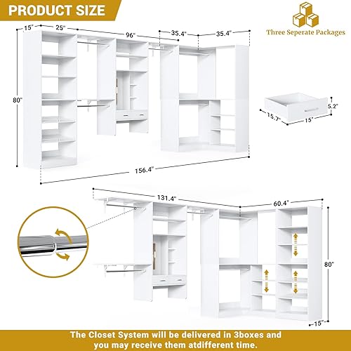 Miniatura 7 de Sistema de armario Unikito con escritorio de tocador, sistema organizador de esquina modular de 156" con varillas para colgar y estantes ajustables,