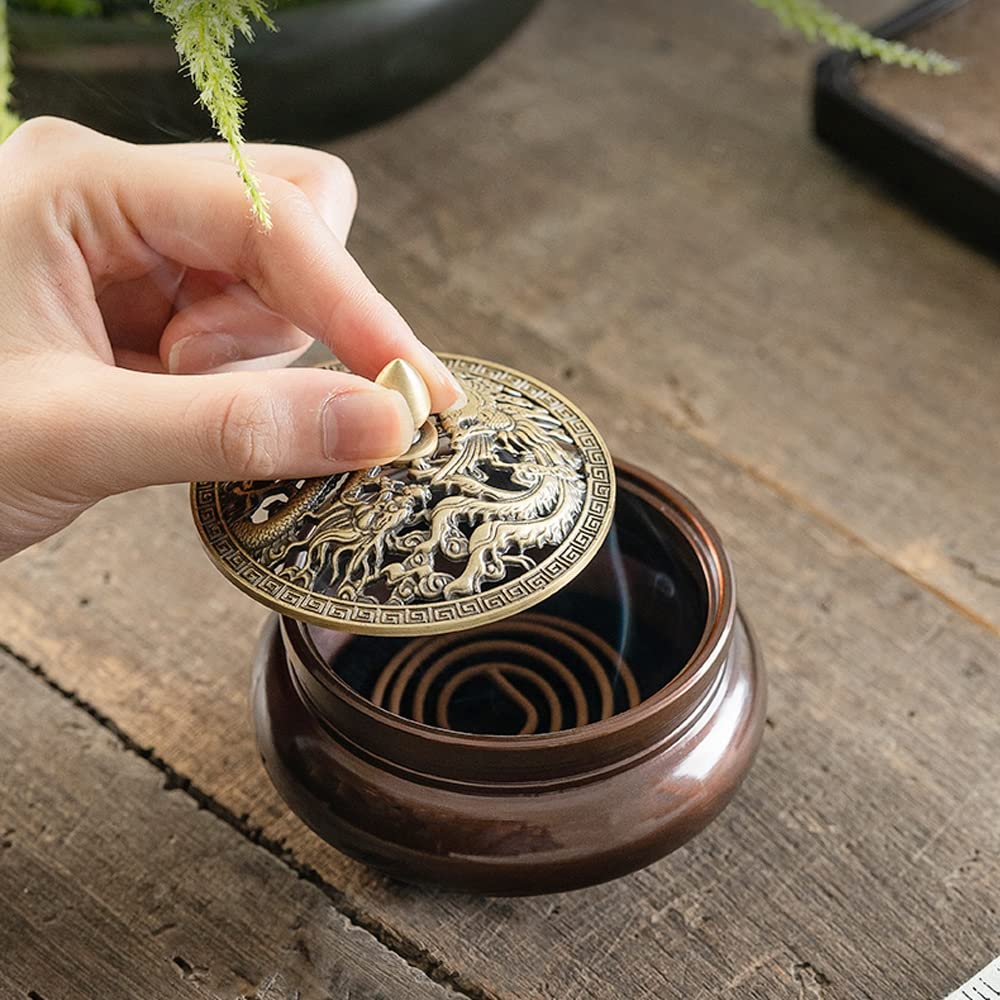 Incense Burner - Brass Incense Burner Cones Bowl with Lid + Gourd
