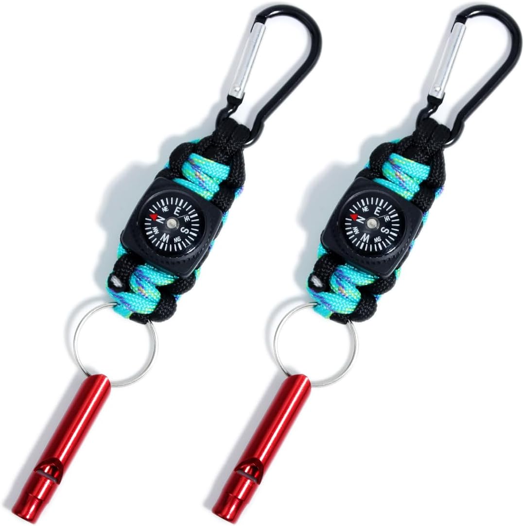2 Packs Emergency Survival Whistle with Compass Braided Paracord Keychain with Carabiner Multifunctional Survial Keychain Whistle Compass for Outdoor Hiking Trveling Hunting Boating Fishing