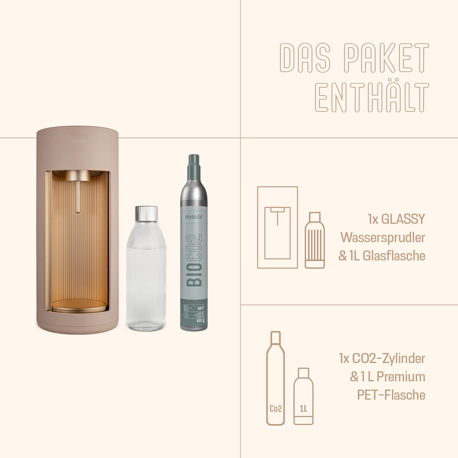 Mysoda: Glassy Wassersprudler aus Holzkomposit und Aluminium mit CO2-Zylinder und 1L Glasflasche - Latte