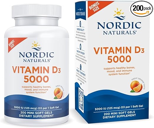 Nordic Naturals Vitamin D3 5000, Orange - 200 Mini Soft Gels - Support for Healthy Bones, Mood, & Immune System - Vegetarian - Non-GMO - 200 Servings
