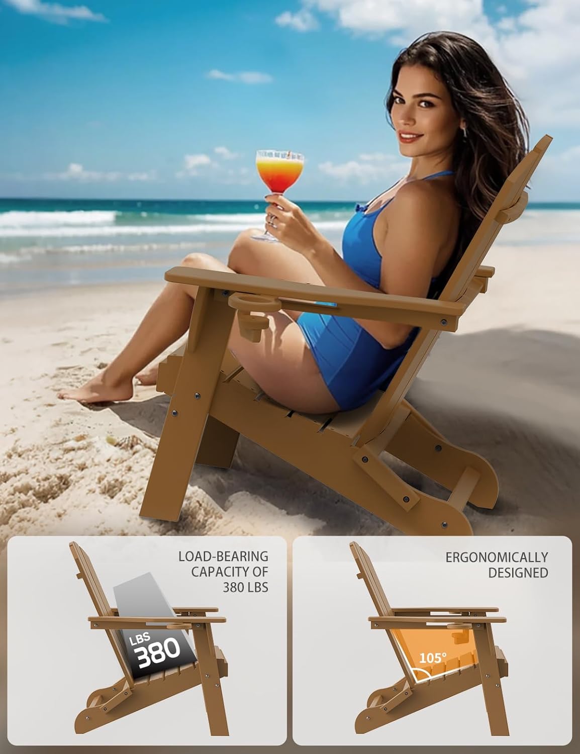 Folding Adirondack Chair Set of 2, Wooden Textured Plastic Adirondack Chairs with 2 Cup Holder, Weather Resistant HDPE Fire Pit Chair, Outdoor Patio Chairs for Garden, Backyard, Lawn, Deck, Teak
