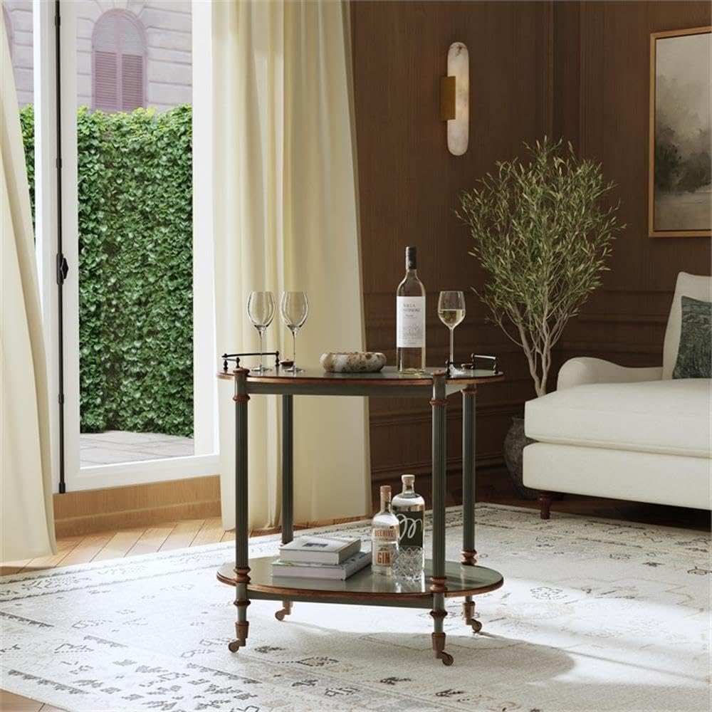 Beaumont Lane Traditional Oval Wood 2 Tier Bar Cart, Pastel Green Finish, 31" W x 20" D x 29.5" H, Rubberwood Solids and Cherry Veneer, Antique Brass Casters, Dining Room or Living Room Serving Cart