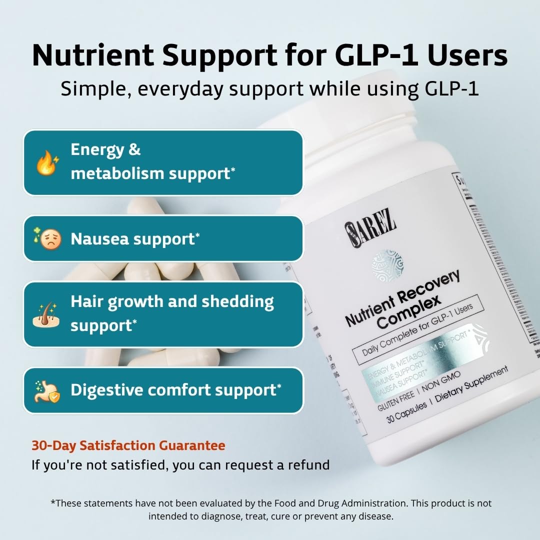 Sarez GLP-1 Daily Nutrient Support Capsules — Methylated Vitamins & Chelated Minerals — Energy, Metabolism, Digestion & Hair Support — with Ginger for Nausea — Gentle on Stomach — 30 Day Supply — Amazon image 3