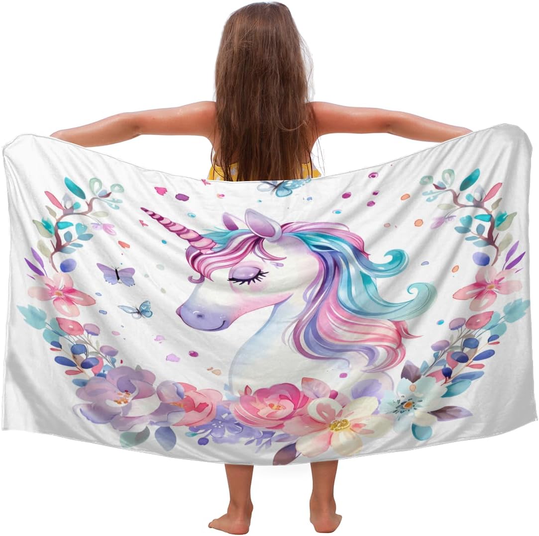 Flower Unicorn Kids Beach Towel for Girls Boys Quick Dry Sand Free Bath Towels Oversized Lightweight Travel Towel for Swim Yoga Gym Pool, 30 x 60 Inch