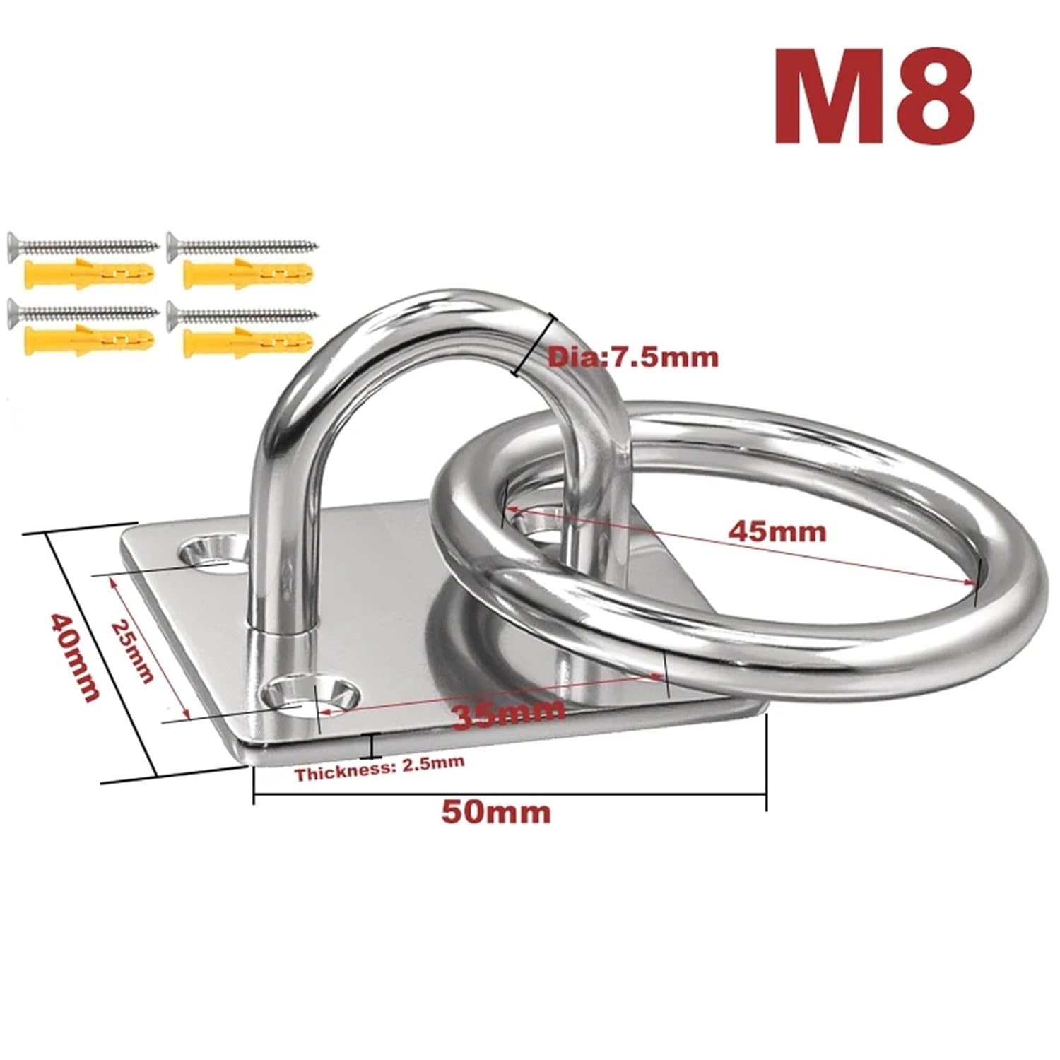 4pcs 304 Stainless Steel Pad Eye Plate Staple Ring Hook Loop U-Shaped Sail Shade Hardware - for Wall Ceiling Hammock Hooks Hanger(Square M8)