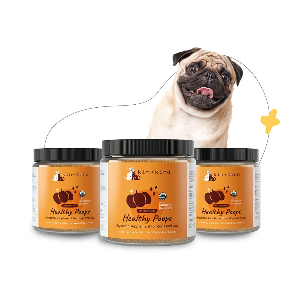 kin+kind Probiotics for Dogs - Digestive Health Support with Prebiotics & Fiber Powder - Cat and Dog Vitamins and Supplements for Gut Health, Healthy Poops & Immune Support - Made in USA - 3 x 8oz