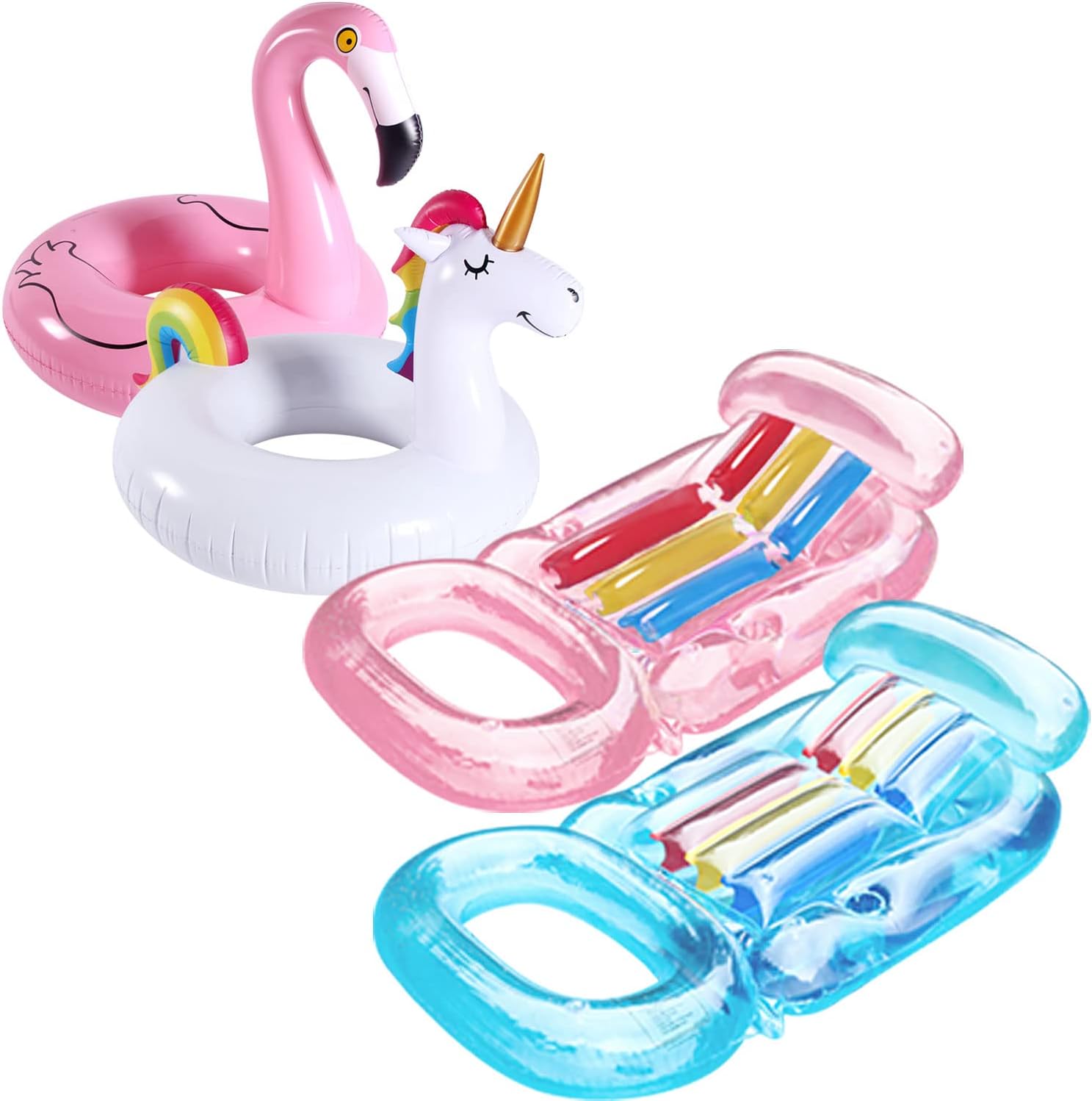 FindUWill Inflatable Pool Lounge, 2 Pack Inflatable Pool Floats with Headrest, Backrest, Cup Holders & Footrest and 2 Pack 42'' Inflatable Pool Floats Flamingo Unicorn Swim Tube Rings, Beach Floaties