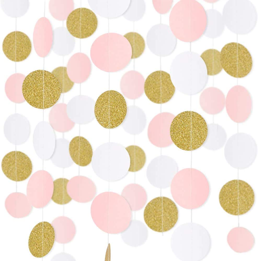 DELFINO Paper Garland, Pink White Glitter Gold Circle Dots Hanging Decorations Backdrop for Birthday Party Wedding, Class Room Decorations Birthday Party Wedding Nursery Party New Year, 5 Pack 4M