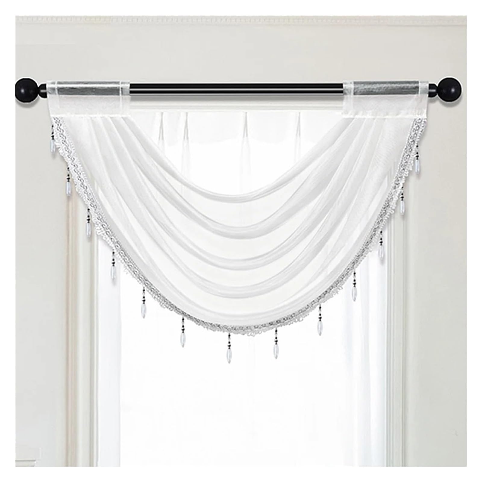 SparklWLeaf Beaded Triangle Curtain 1pc Pure Color Thin Gazue Curtain Valance，Sheer Valance with Beads，Rod Pocket，Home Window Decor(Color 1)