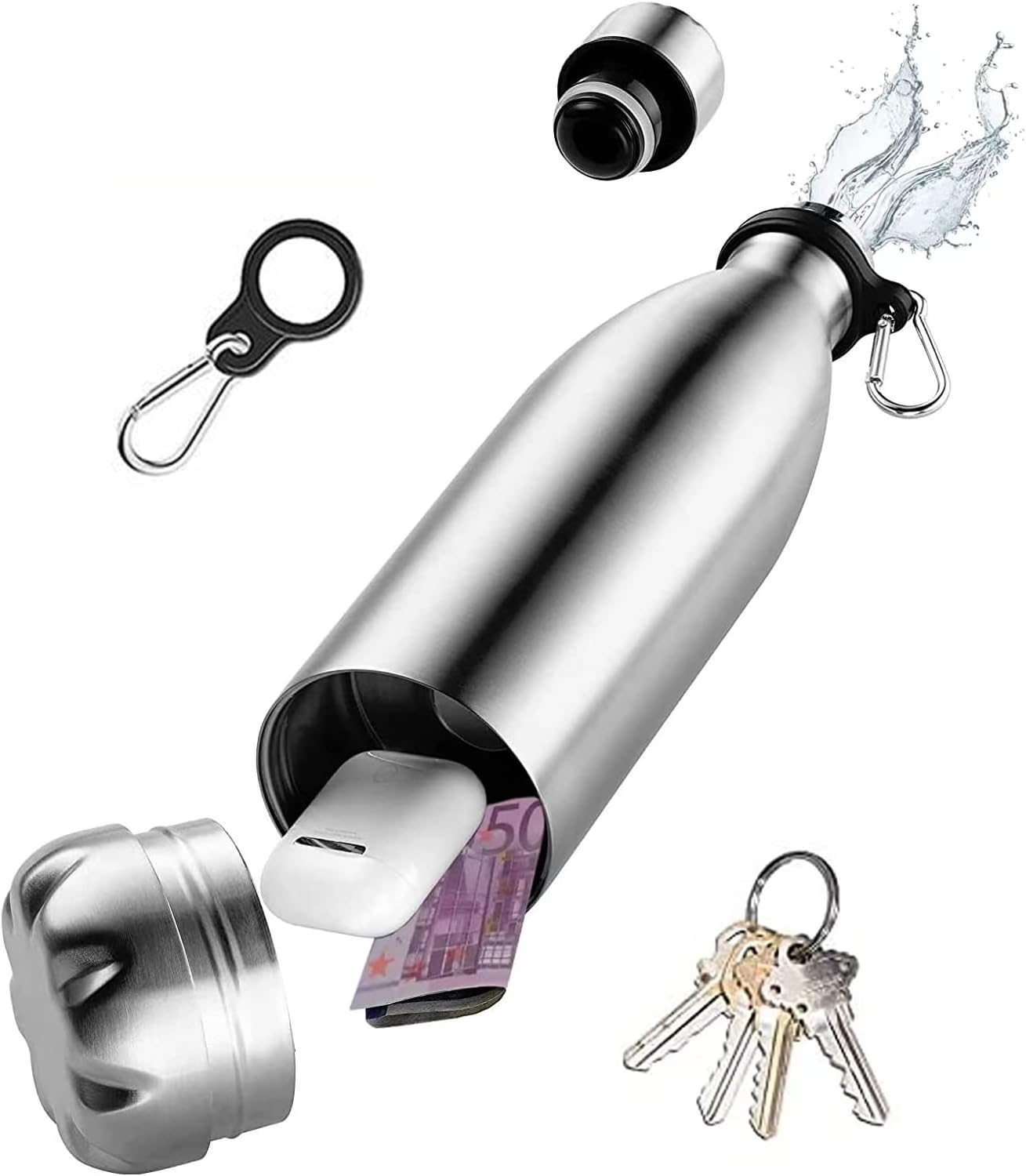 Diversion Safe Water Bottle Stainless Steel Stash Can with Hidden Compartment for Valuables, Leak Proof Insulated Bottle for Hot and Cold Drinks, Sliver, 730ml
