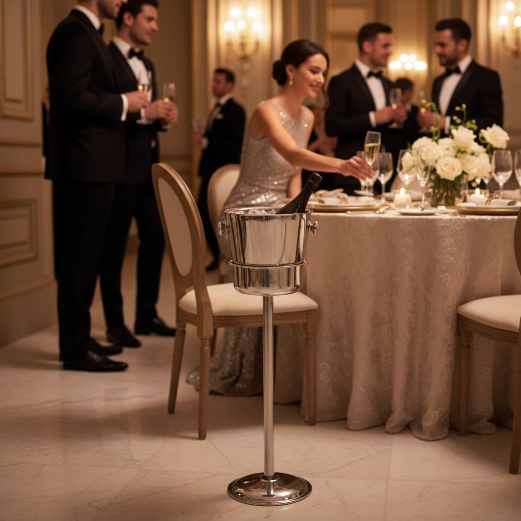 Tower | Champagnerkühler mit Standfuß aus Edelstahl | Freistehender Flaschenkühler, spiegelpoliert | Isolierter Kühler mit Säule | Eleganter Weinkühler für Events & Gastronomie
