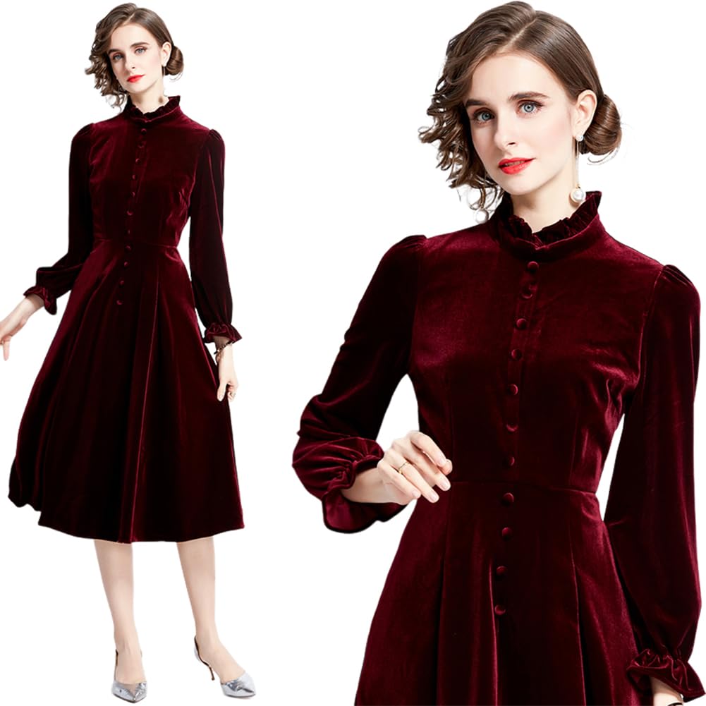 Abito Elasticizzato in Velluto a Maniche Lunghe Donna, Elegante Monopetto con Collo alla Coreana, Longuette a Trapezio per Feste di Natale alla Moda, Wine Red, XXL