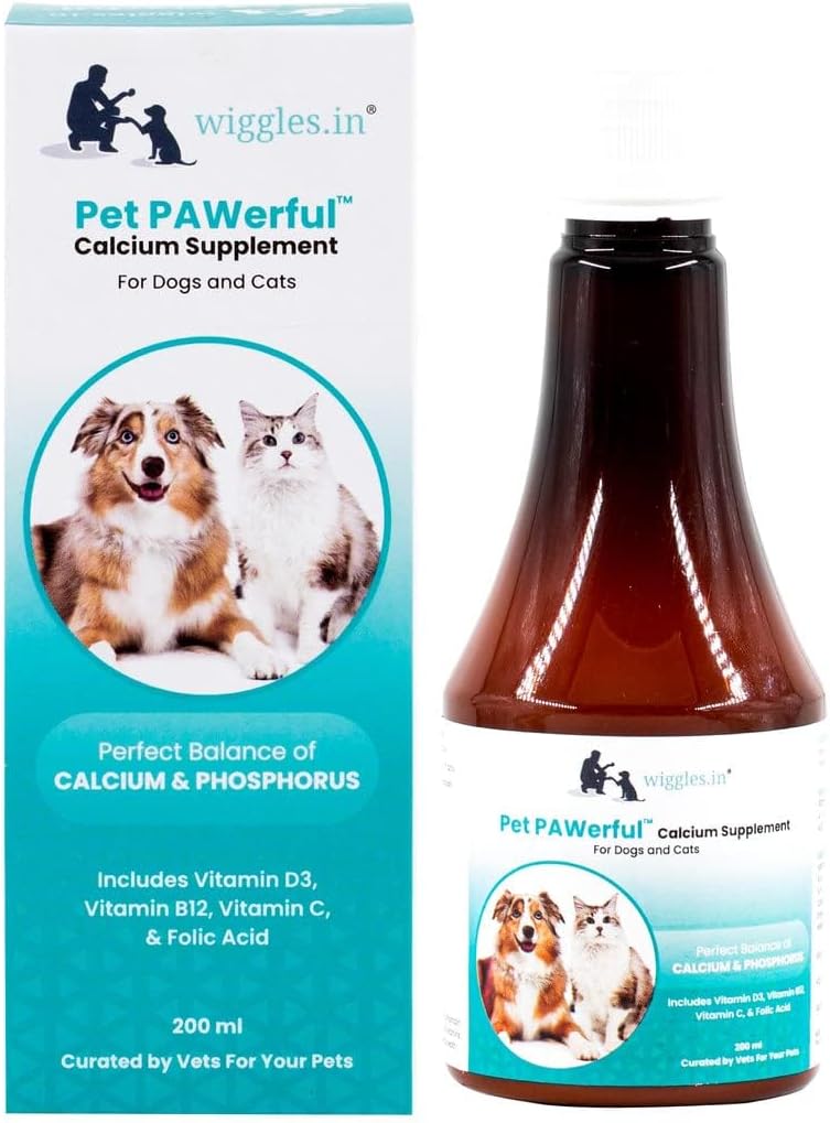 WIGGLES Pet PAWerful Calcium Phosphorus Syrup Supplement Dogs Cats, 200ml - Essential Multivitamins Bone, Digestion, Skin Coat Care Supplement for Pets